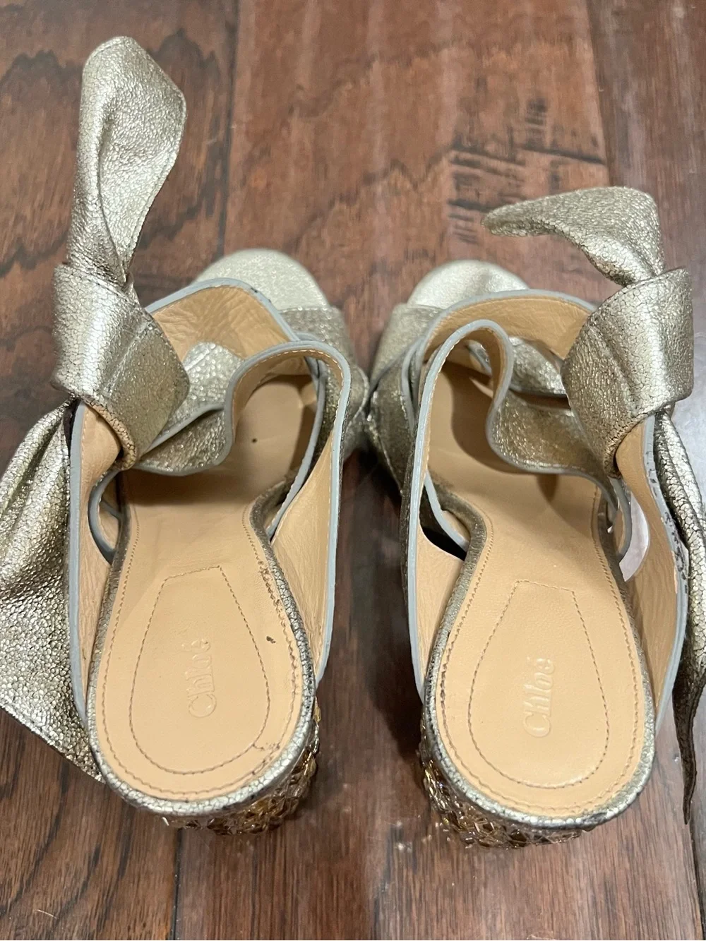 Authentic CHLOE Nellie Crystal Embellished Top Knot Block Sandal Grey Glitter